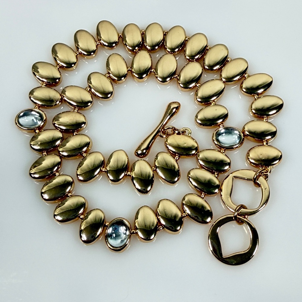 Gold Tone Collar Necklace 16" Toggle Clear Cabochon Statement Modernist